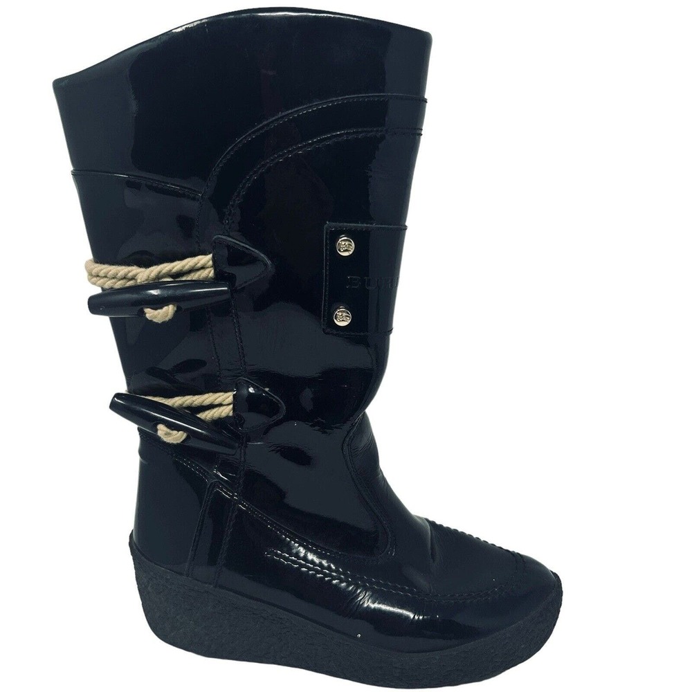 Burberry Black Patent Rain Boots with Cream Rope Detail